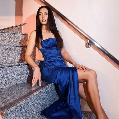 Wholesale Blue Spaghetti Straps Sexy Mermaid Long Prom Dress Charming Party Dress With Slit