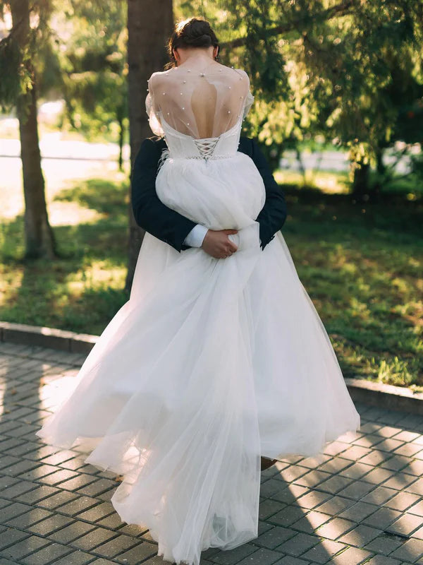 Noble Beaded Tulle Long Sleeves Lace Illusion A-line Wedding Dresses Elegant