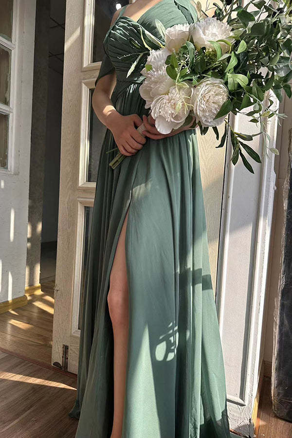 Wholesale Dark Green Lace-Up Long Chiffon Bridesmaid Dress Charming Party Dress Formal Dress