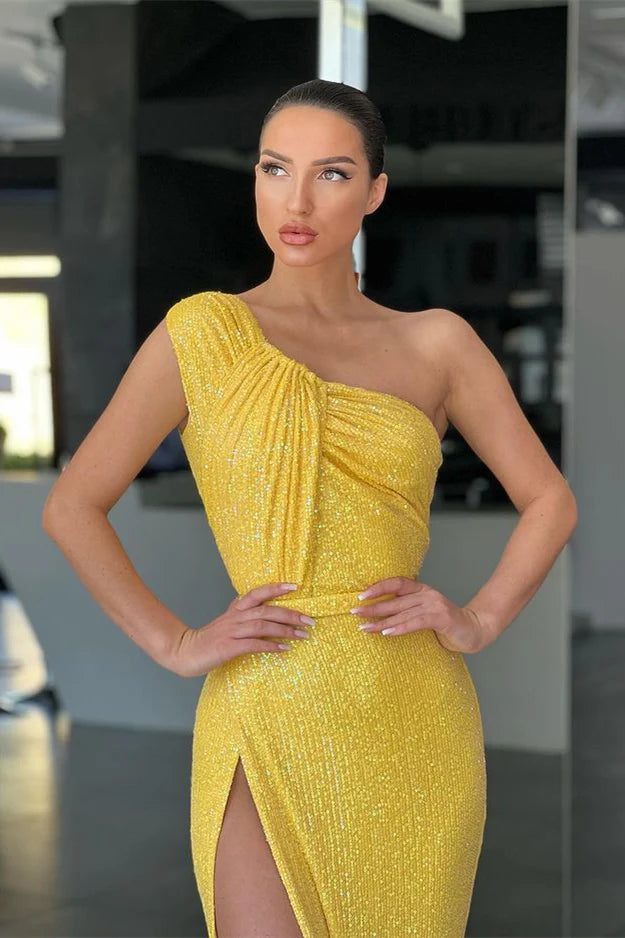 Yellow One Shoulder Mermaid Evening Dress With Sequins And Split Sparkly Party Dress