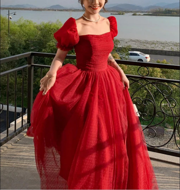 Beautiful Red Short Sleeves Tulle Prom Dress Party Dress Evening Gown Formal Dresses Wholesale