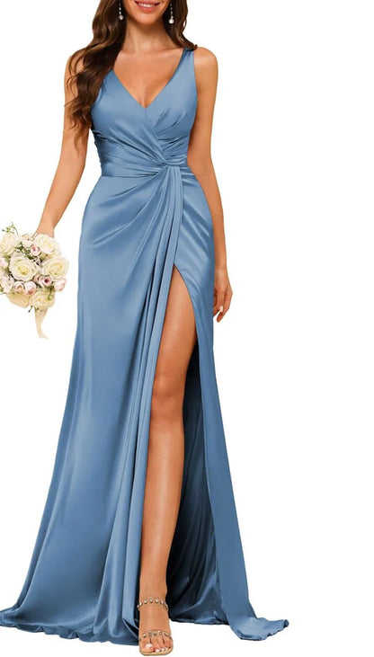 Wholesale Sheath/Column V Neck Bridesmaid Dress With Slit Elegant Evening Party Dress