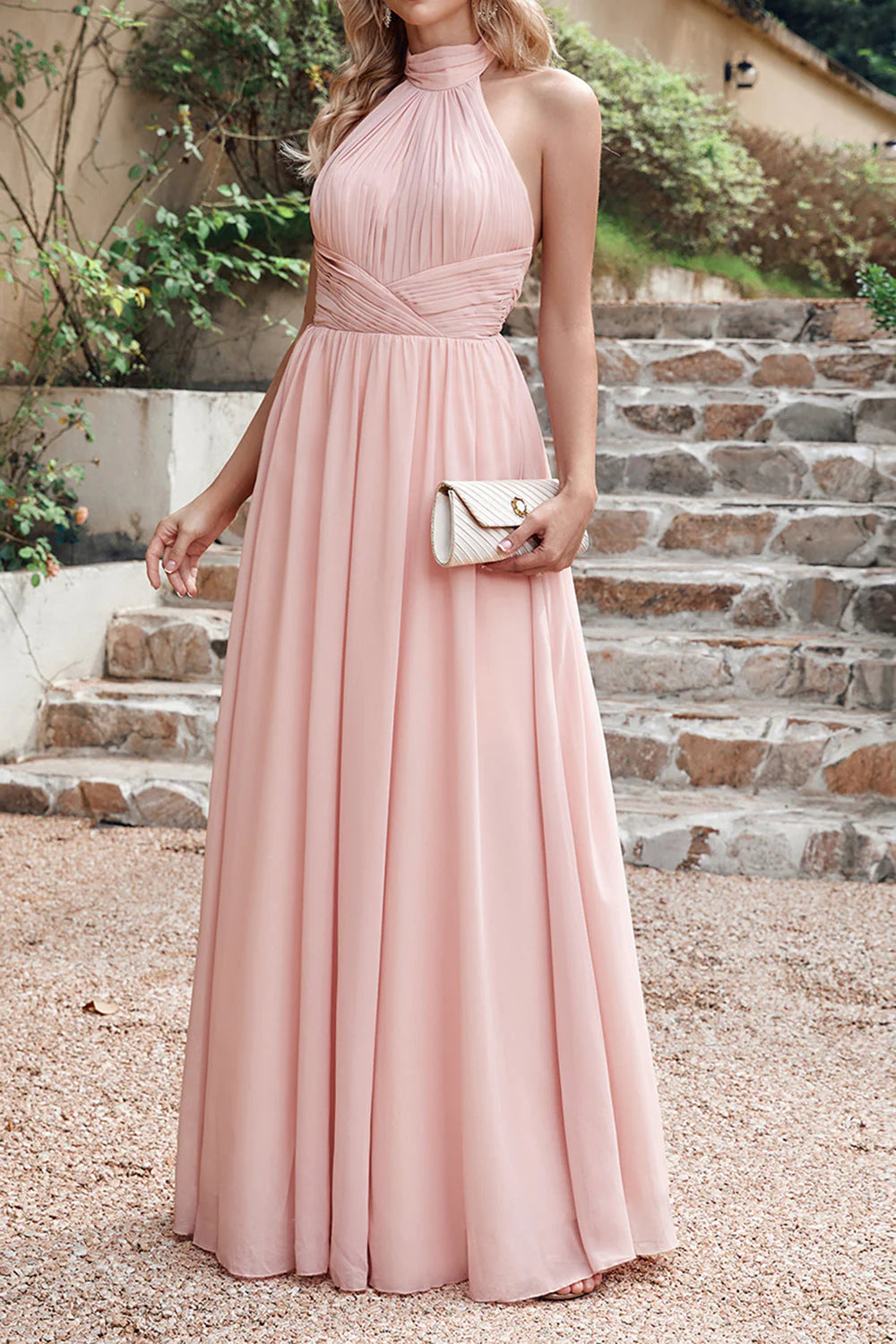 Aimishang Pink Halter Long Chiffon Bridesmaid Dress Elegant Party Dress Formal Dress