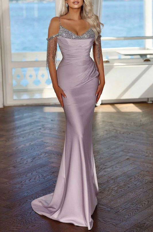 Elegant Lavender Long Evening Dress Spaghetti Strap With Pleated Sequins Tassel Sexy Wholesale