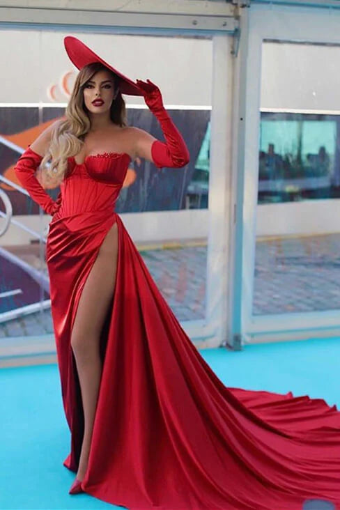 Charming Red Evening Dress Off The Shoulder Strapless Long Sleeve With Slit Sexy Party Dress No With Gloves And Hat