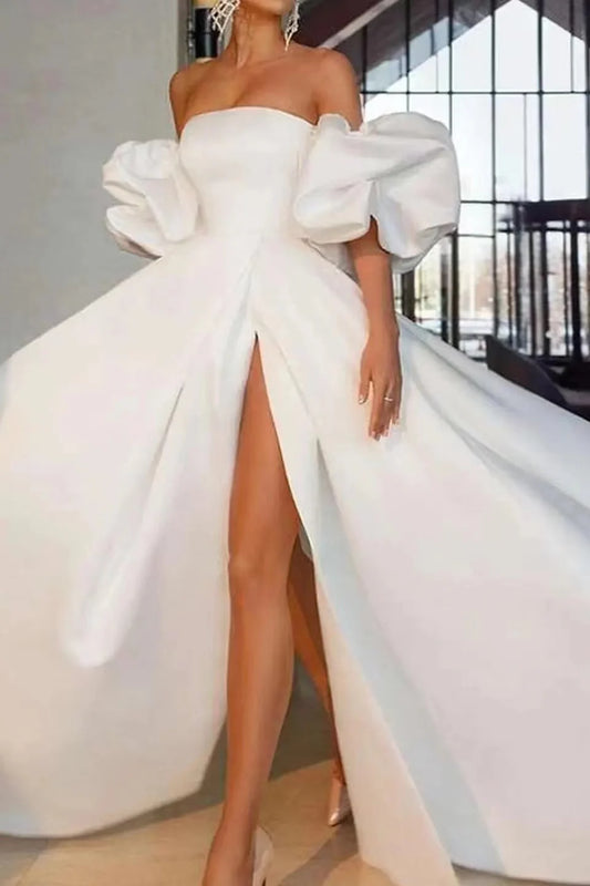 White Off The Shoulder Bubble Sleeves Long Evening Dress With Slit Sexy Party Dress Wholesale