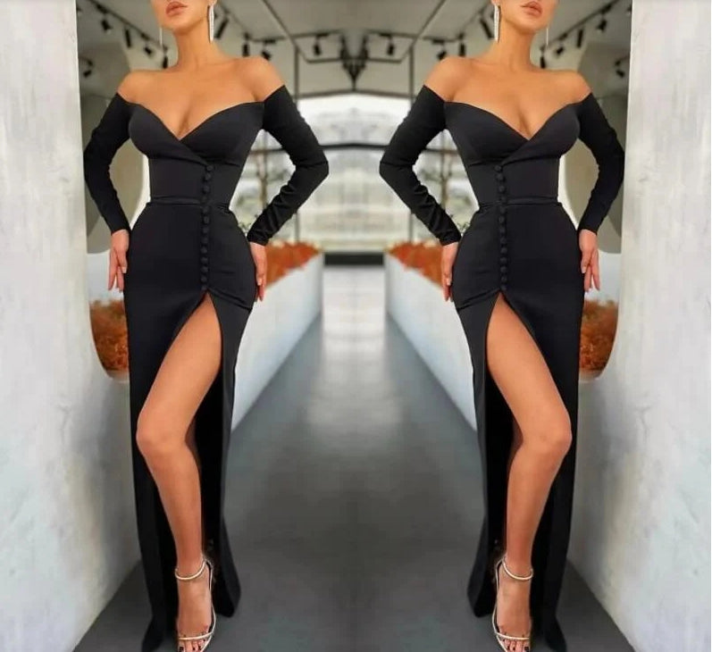 Black V Neck Mermaid Front Split Long Sleeves Evening Dress With Off The Shoulder Sexy Party Dress