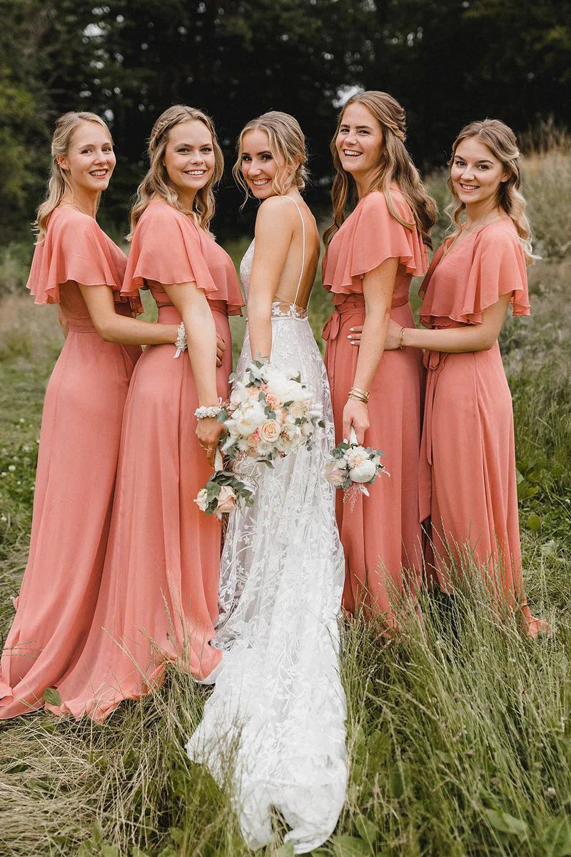 Wholesale Simple A-Line Coral Chiffon Long Bridesmaid Dresses Elegant Evening Party Dress