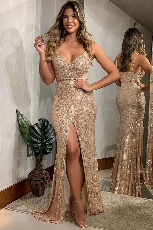 Spaghetti Strap Sequin Evening Dress With Slit V-neck Sparkly Sexy Party Dress Wholesale