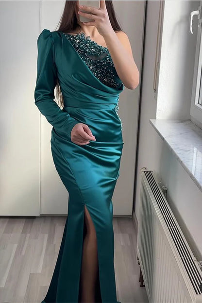 One Shoulder Long Sleeve Mermaid Evening Dress With Beading Split Sexy Party Dress Wholesale