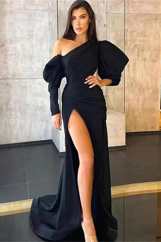 Black Long Sleeve Mermaid Evening Dress With Split One Shoulder Sexy Party Dress