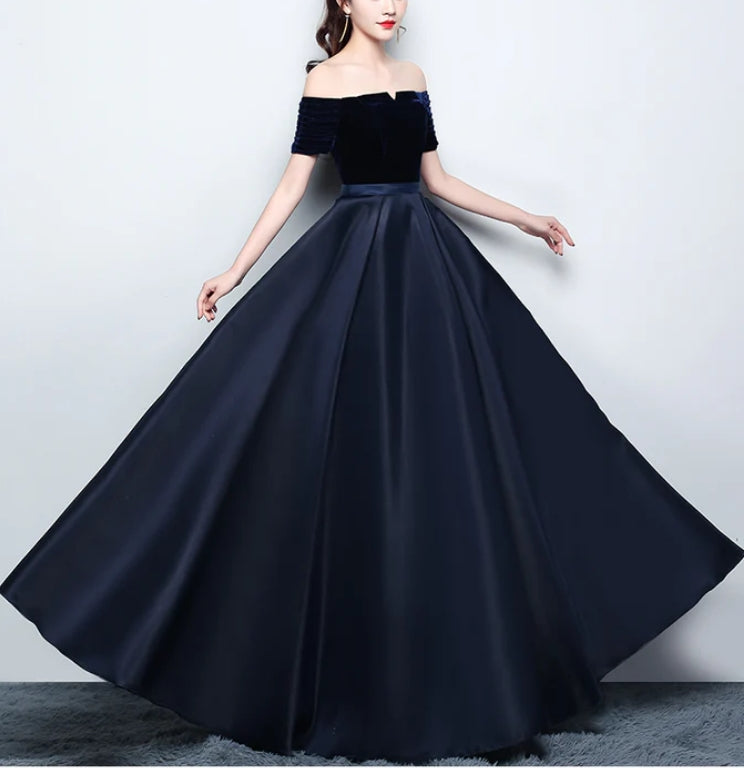 Beautiful Satin and Velvet Long Party Dress Simple Off Shoulder Prom Dress Elegant Evening Dress