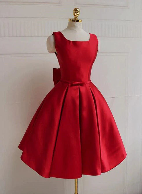 Red Satin Backless Short Party Dress Homecoming Dress Sleeveless Open Back With Bow Wholesale