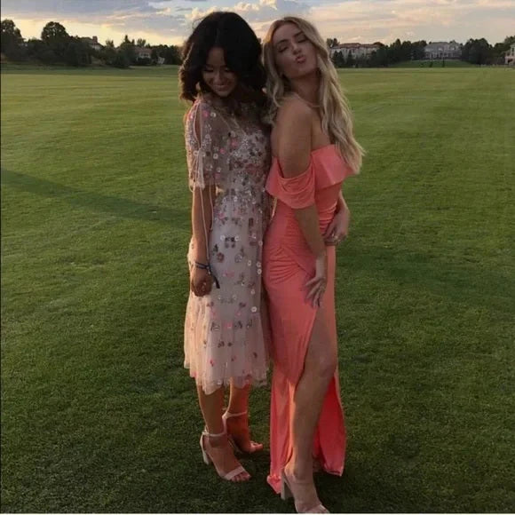 Coral Pink Off Shoulder Long Party Dress Wedding Guest Dress Formal Dress Wholesale