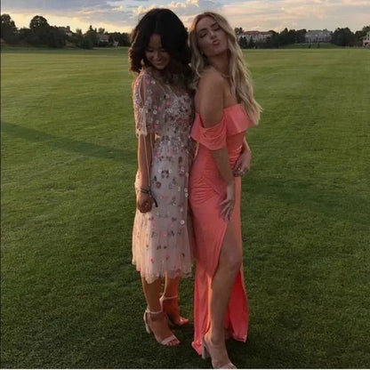 Coral Pink Off Shoulder Long Party Dress Wedding Guest Dress Formal Dress Wholesale