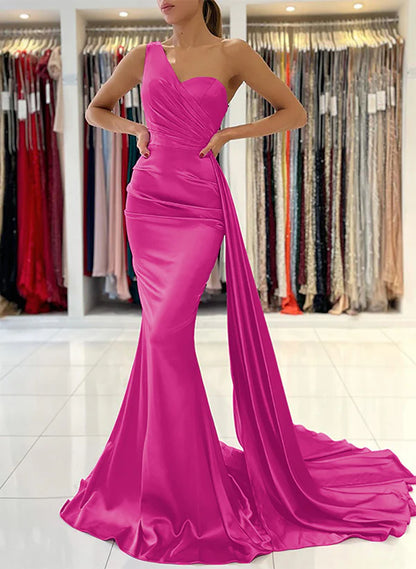 One Shoulder Sleeveless Silk Like Satin Sheath/Column Bridesmaid Dresses Elegant Evening Dress Wholesale