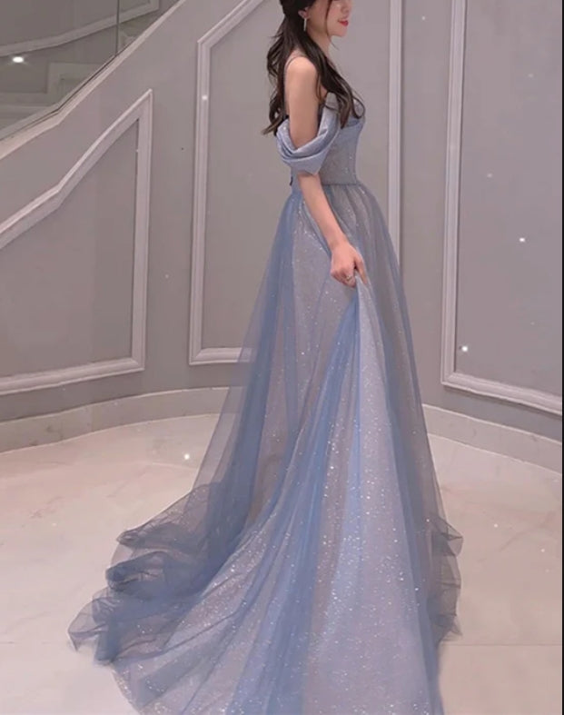 Light Blue Sweetheart Off Shoulder A-line Long Prom Dress Beaded Evening Dress Sparkly