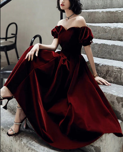 Wine Red Velvet Tea Length Off Shoulder Party Dress Bridesmaid Dress Elegant Evening Dress