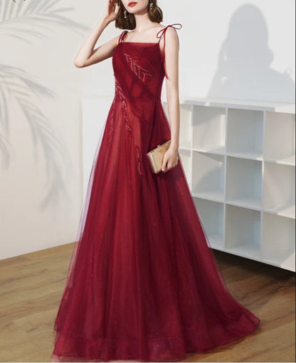 Wine Red Scoop Beaded A-line Long Junior Prom Dress Lace-up Party Dress Elegant Evening Dress