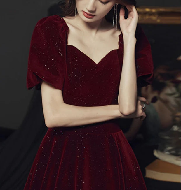 Wine Red Velvet Long Party Dress Off Shoulder A-line Long Prom Dress Elegant Evening Dress