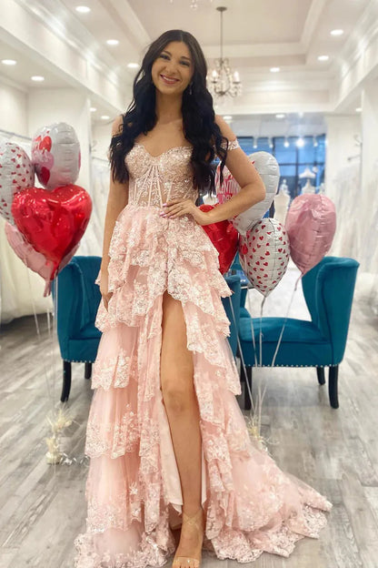 Wholesale Gorgeous Prom Dress A-Line Off The Shoulder Tiered With Split