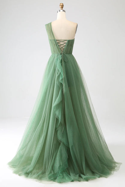 Aimishang Long Prom Dress A-Line One-Shoulder Tulle Dark Green Elegant Evening Party Dress