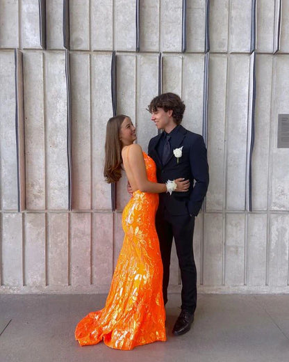 Aimishang Orange V-neck Mermaid backless Long Prom Dress Charming Evening Party Dress