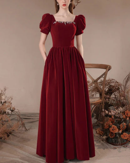 Wine Red Short Sleeves A-line Velvet Party Dress Bridesmaid Dress Elegant Evening Dress Wholesale