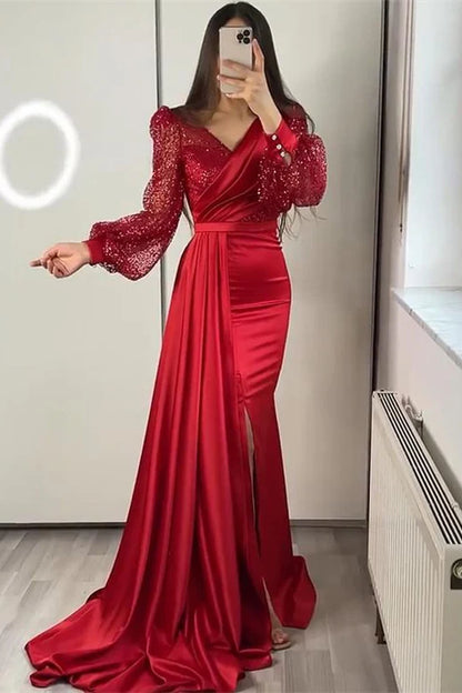 Wholesale Sequins V Neck Long Sleeves Mermaid Split Evening Dress With Ruffle Elegant Party Dress