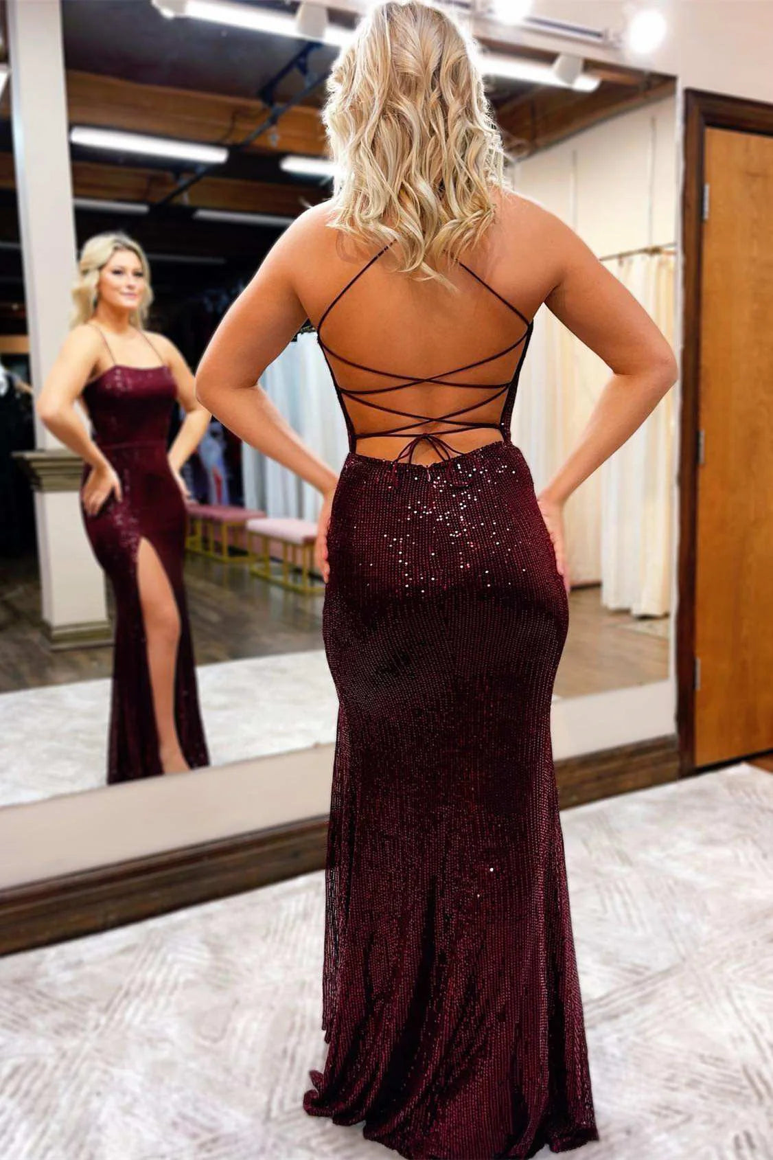 Sequins Spaghetti Strap Evening Dress With Slit Sparkly Party Dress Formal Dress