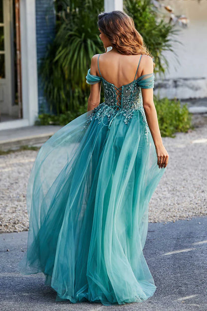 Wholesale Elegant Jade A-Line Prom Dresses Off Shoulder Sweep Train Tulle Dress Evening Dress