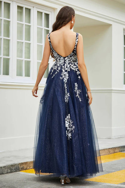 Wholesale Elegant Evening Dress A-Line Prom Dresses Applique Tulle Long Gown