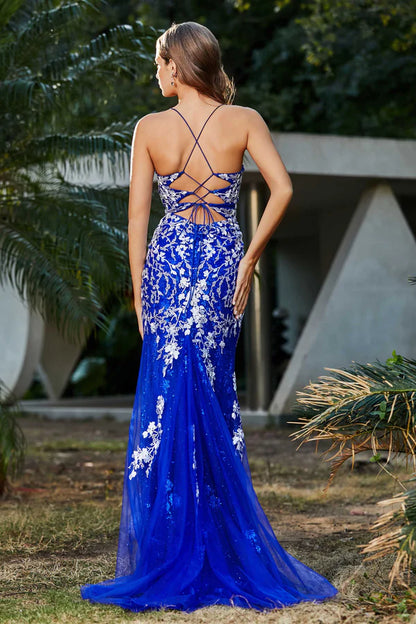 Wholesale Fashion Evening Dress Slit Spaghetti Straps Applique Tulle Dress Prom Dresses