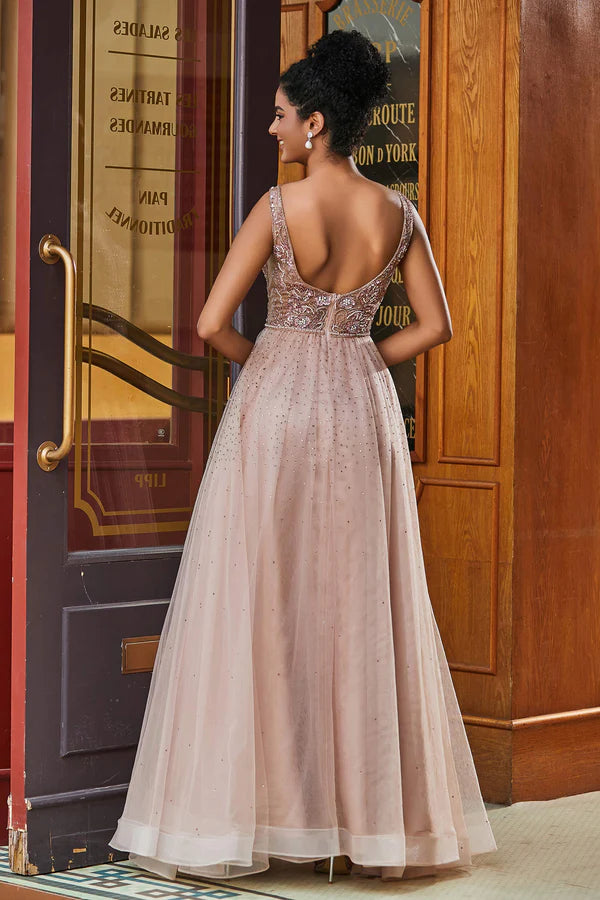 Wholesale Elegant Dusty-Rose Evening Dress Beaded Rhinestone A-Line Floor-Length Prom Dresses