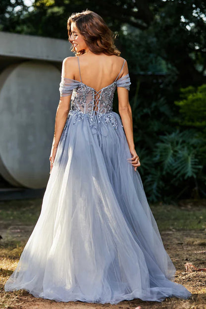 Wholesale Elegant Prom Dresses Off Shoulder Applique A-Line Tulle Dress Evening Dress