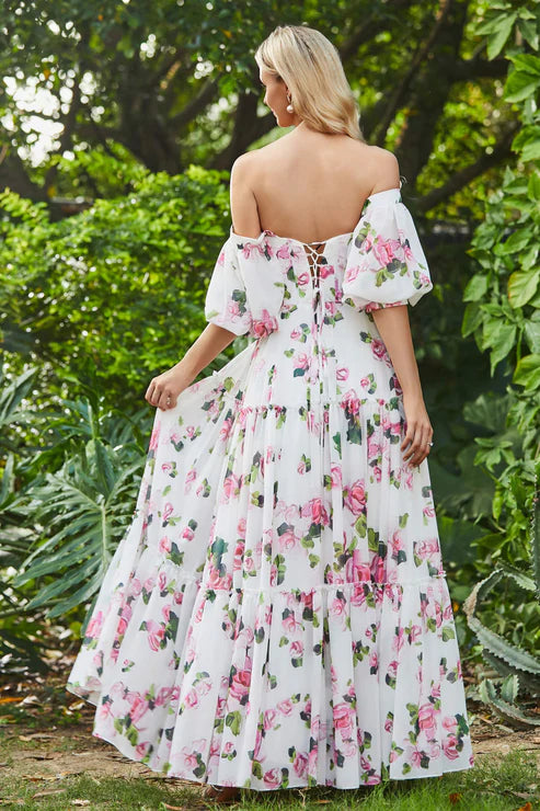 Wholesale Elegant Prom Dresses Off Shoulder Flowers Ruffled Chiffon Long Dress