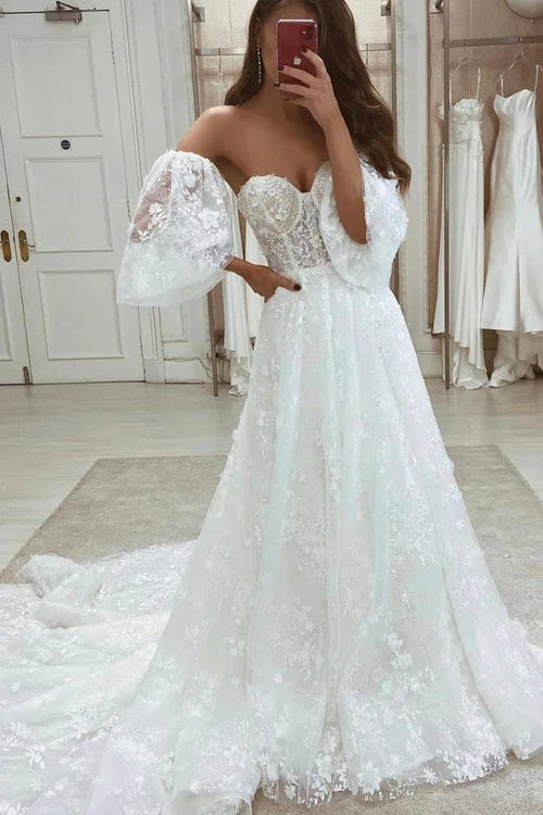 Wholesale Elegant Half Sleeve A Line Lace Appliques Wedding Dresses Sweetheart Wedding Gowns