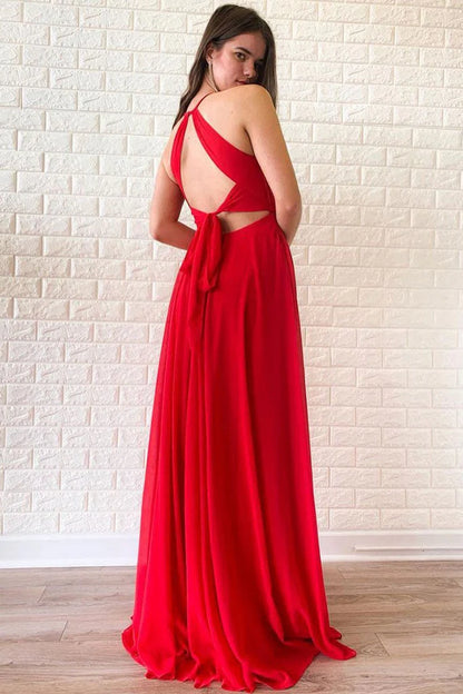 Wholesale Evening Dresses Open Back A Line Red Chiffon Sleeveless Prom Dresses