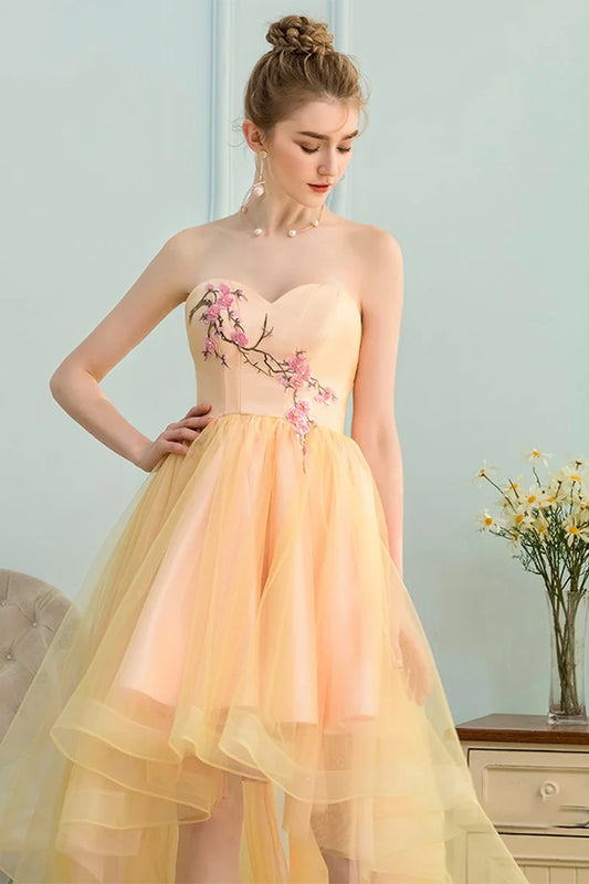 Wholesale A Line Prom Dress High Low Bodice Flowing Satin