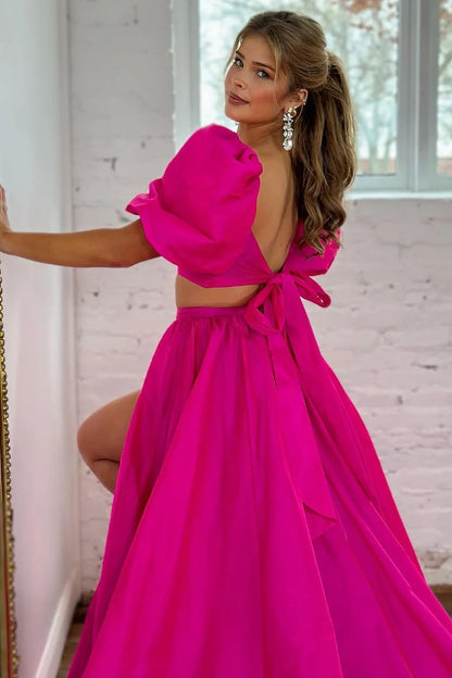 Wholesale A-Line Two Pieces Square Neck Satin Prom Dress With Split