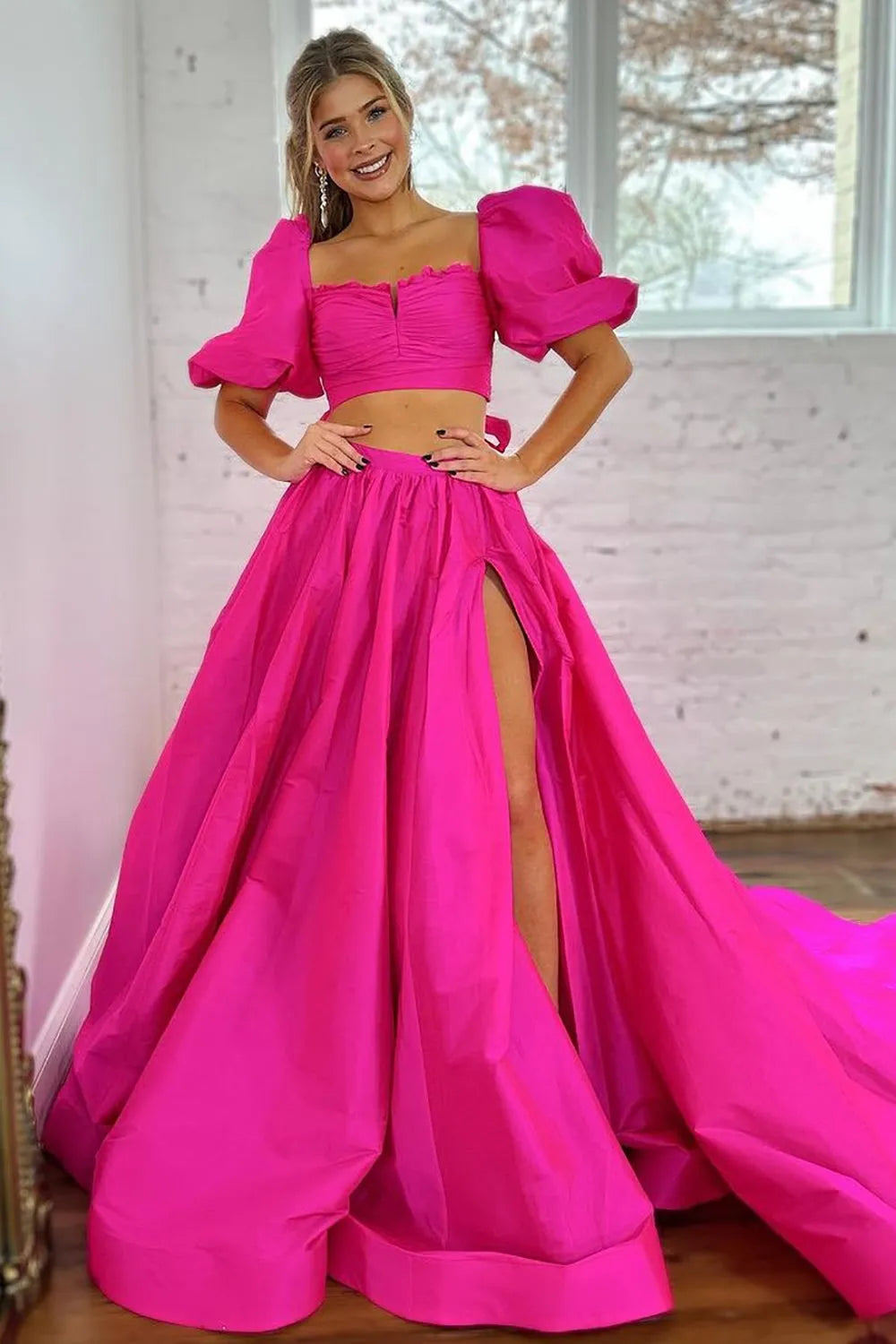 Wholesale A-Line Two Pieces Square Neck Satin Prom Dress With Split