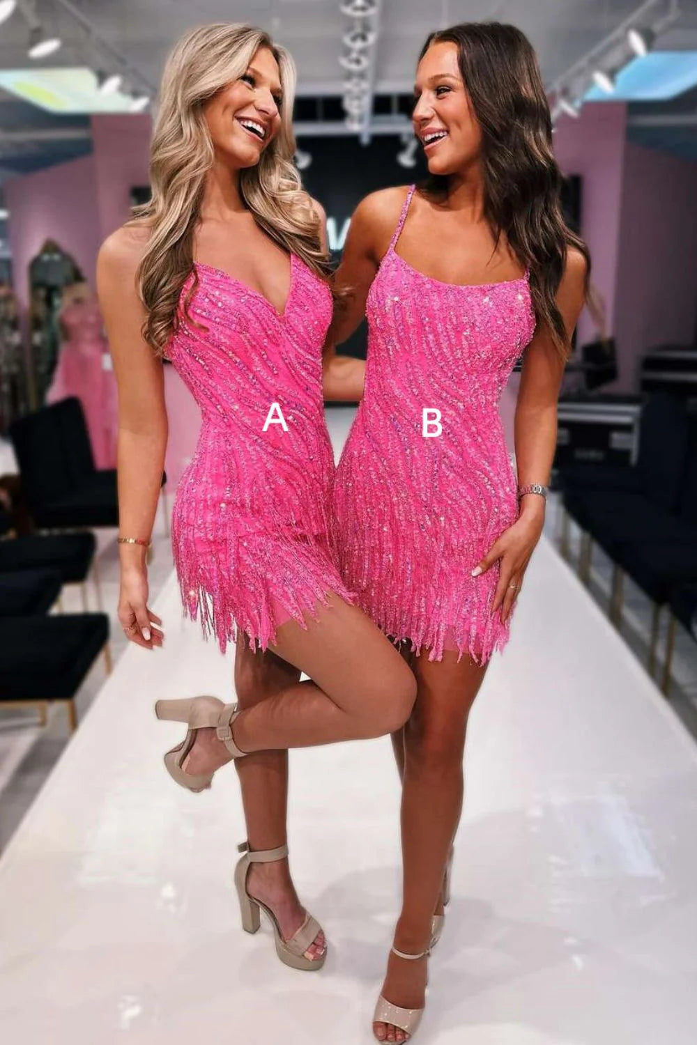 Wholesale Homecoming Dress Hot Pink Bodycon Spaghetti Straps Short Sequin With Fringe