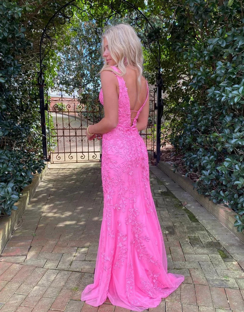 Wholesale Fashion Hot Pink Evening Dress Mermaid Plunge V Neck Lace Prom Dress