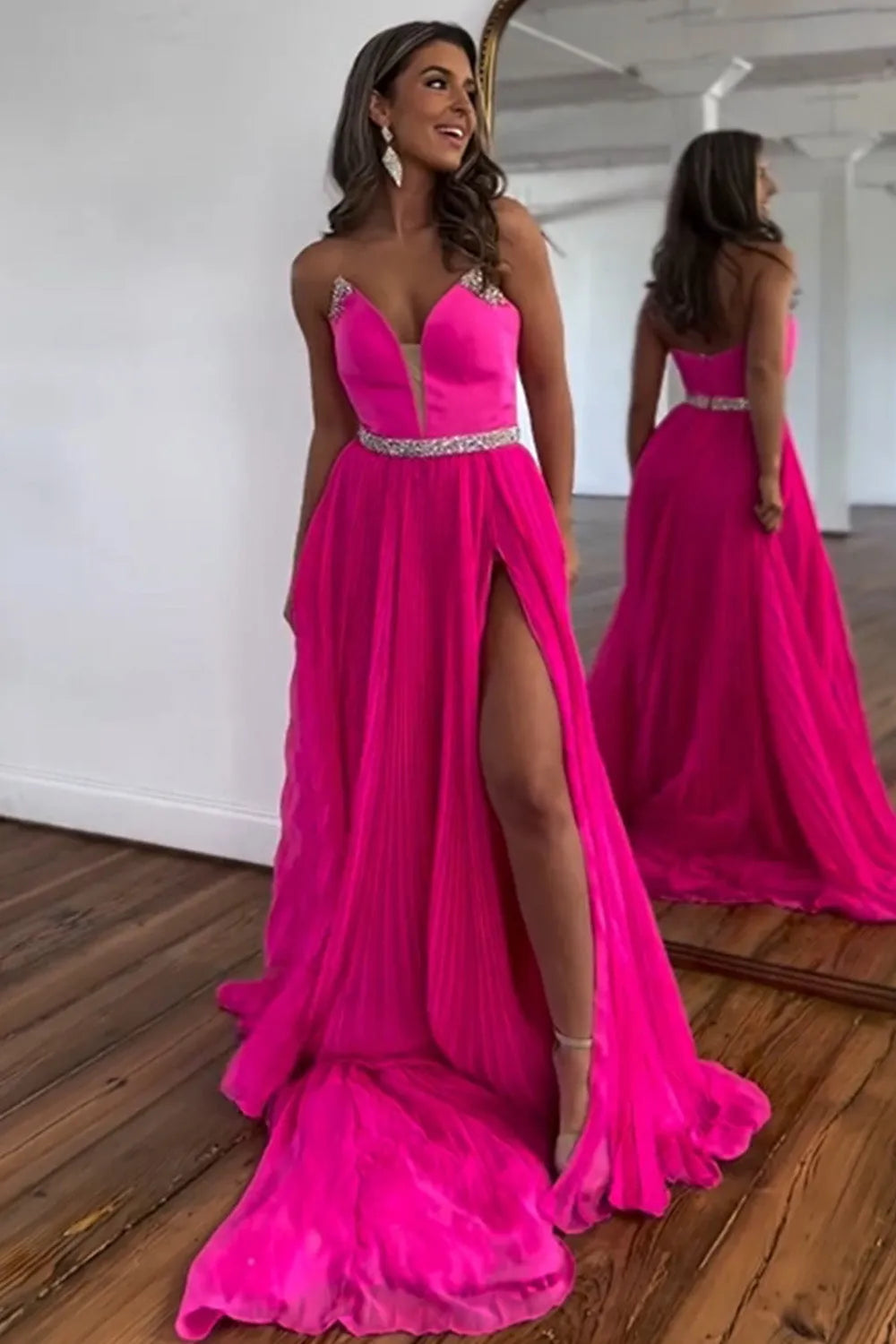 Wholesale Prom Dress Strapless A-Line Sweep Train With Beaded Belt