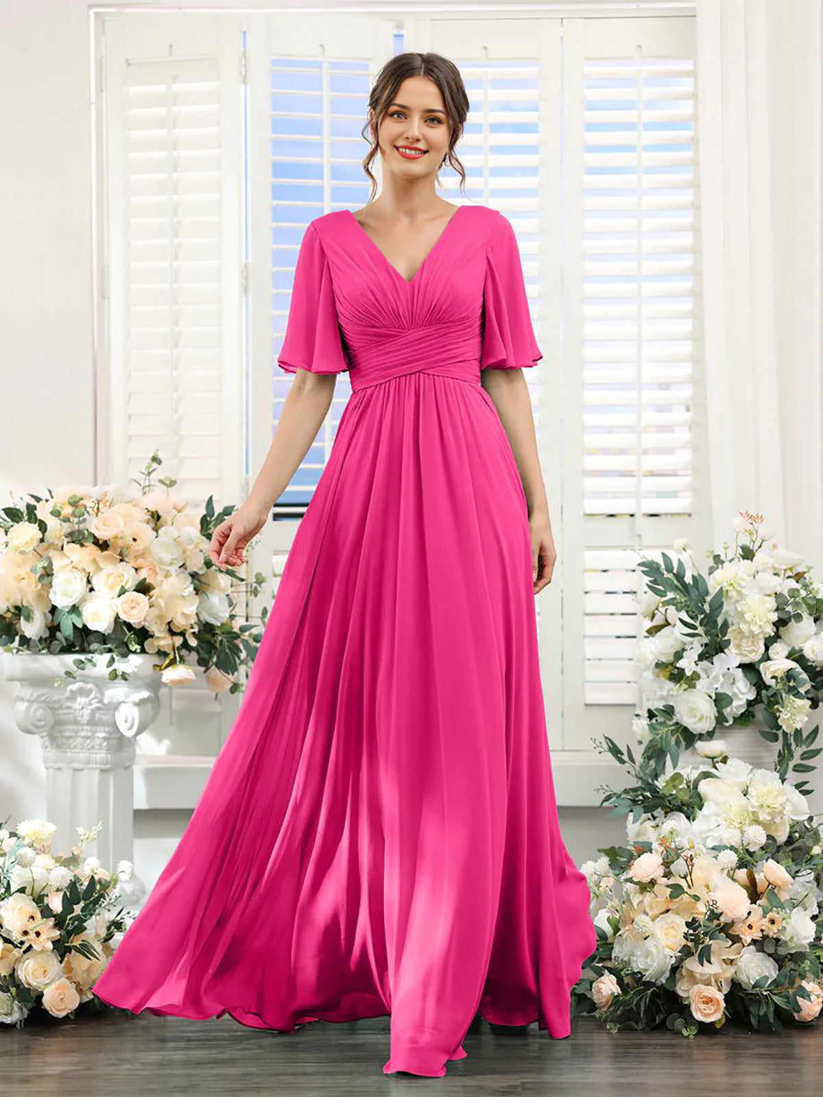 Wholesale A-Line Bridesmaid Dress for Wedding Guest V-Neck Sleeve Long Chiffon Formal Party Dresses with Slit