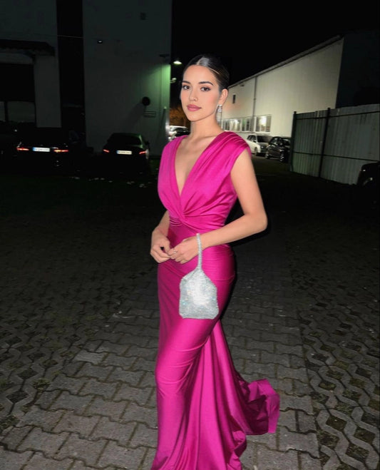 Aimishang Chic Mermaid V Neck Sleeveless Open Back Long Formal Prom Dress Elegant Wedding Guest Party Dress