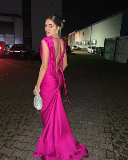 Aimishang Chic Mermaid V Neck Sleeveless Open Back Long Formal Prom Dress Elegant Wedding Guest Party Dress