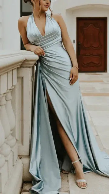 Aimishang Pretty V-Neck Halter Sleeveless Green Satin Long Formal Prom Dress Elegant Party Graduation Dress With Slit