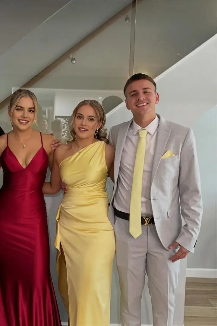 Aimishang Elegant One Shoulder Sleeveless Satin Formal Prom Dress Simple Party Graduation Dress With Slit