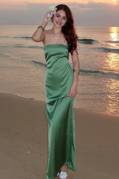 Aimishang Pretty Strapless Sleeveless Green Satin Formal Prom Dress Simple Party Graduation Dress With Slit